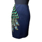 Reworked Premise pinstriped pencil skirt with peacock patch, size M