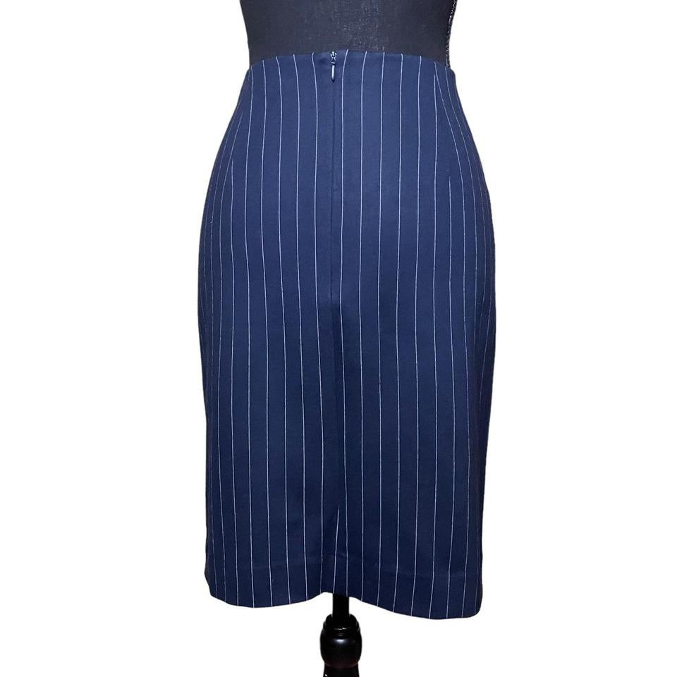 Reworked Premise pinstriped pencil skirt with peacock patch, size M