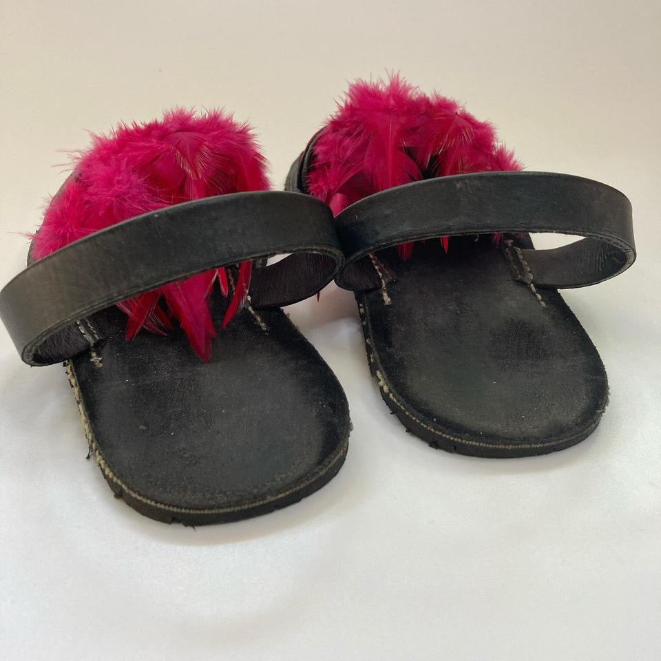 Reworked sashiko stitched sandals with feather trim, size 10