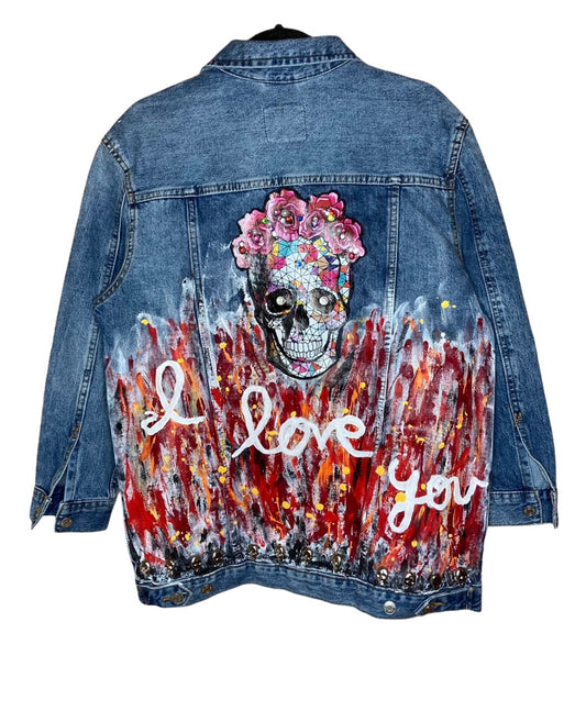 Queen of the Dead handpainted denim jacket with jeweled skull, size 8
