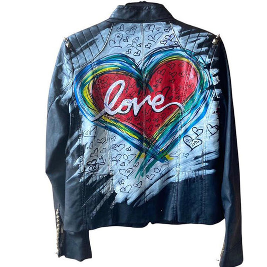 Handpainted Punk Love vegan leather moto jacket, size L